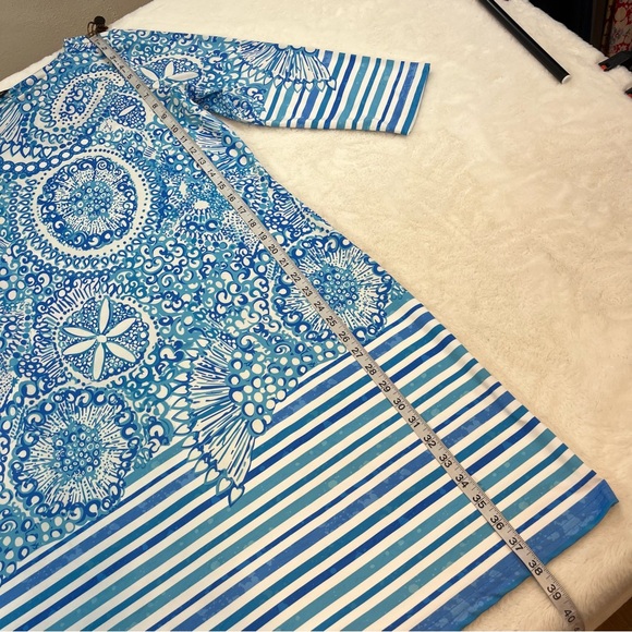 TANGO MANGO Smooth Stretch Shift Dress Size Large Blue White Floral 3/4 Sleeve - Picture 7 of 9